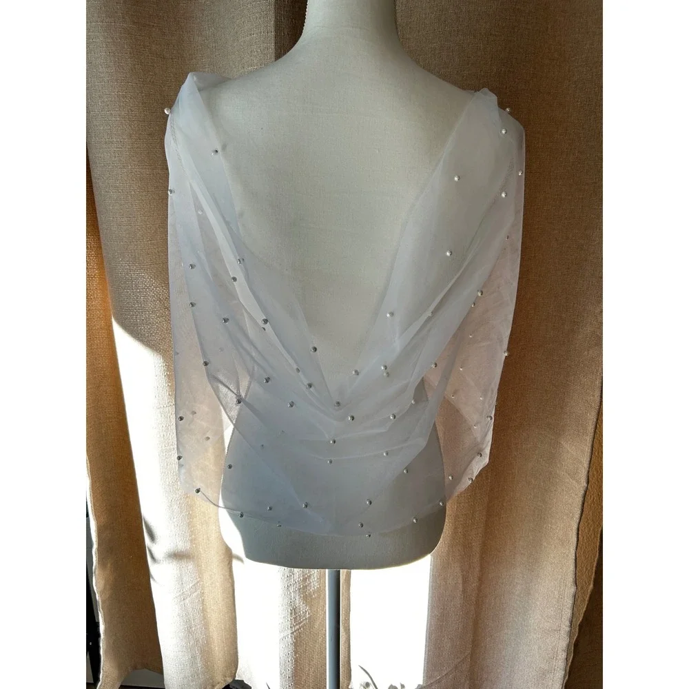White Tulle Pearl Bridal Shrug Wedding Wrap Capelet Off Shoulder Bolero